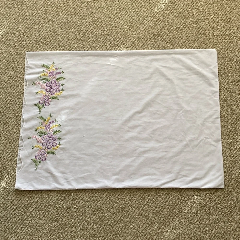 Hand Embroidered White Pillowcase Lavender Flowers Delicate Crafted Colorful EUC
